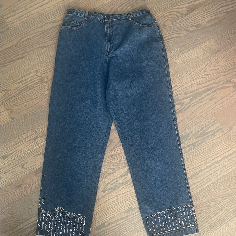 Chico's Facets Denim Long Island Jeans embellished with beading on leg bottoms